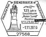 Sonderstempel vom 1.11.2010 Bremerhaven 125 Jahre Leuchtturm Roter Sand