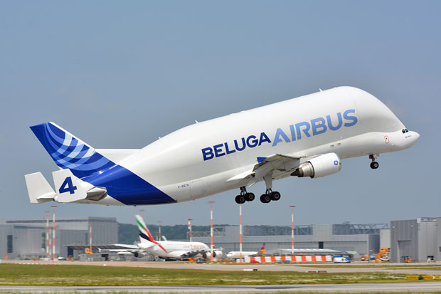 Ein Airbus Beluga startet in Finkenwerder.