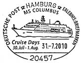 Sonderstempel vom 31.7.2010 Hamburg Cruise Days MS Columbus