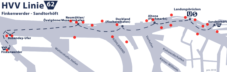 Linienführung der Hamburger Hafenfähre 62